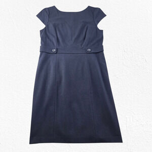 Talbots Navy Sheath Dress Italian Knit Fabric Cap Sleeve Button Waist Size 14